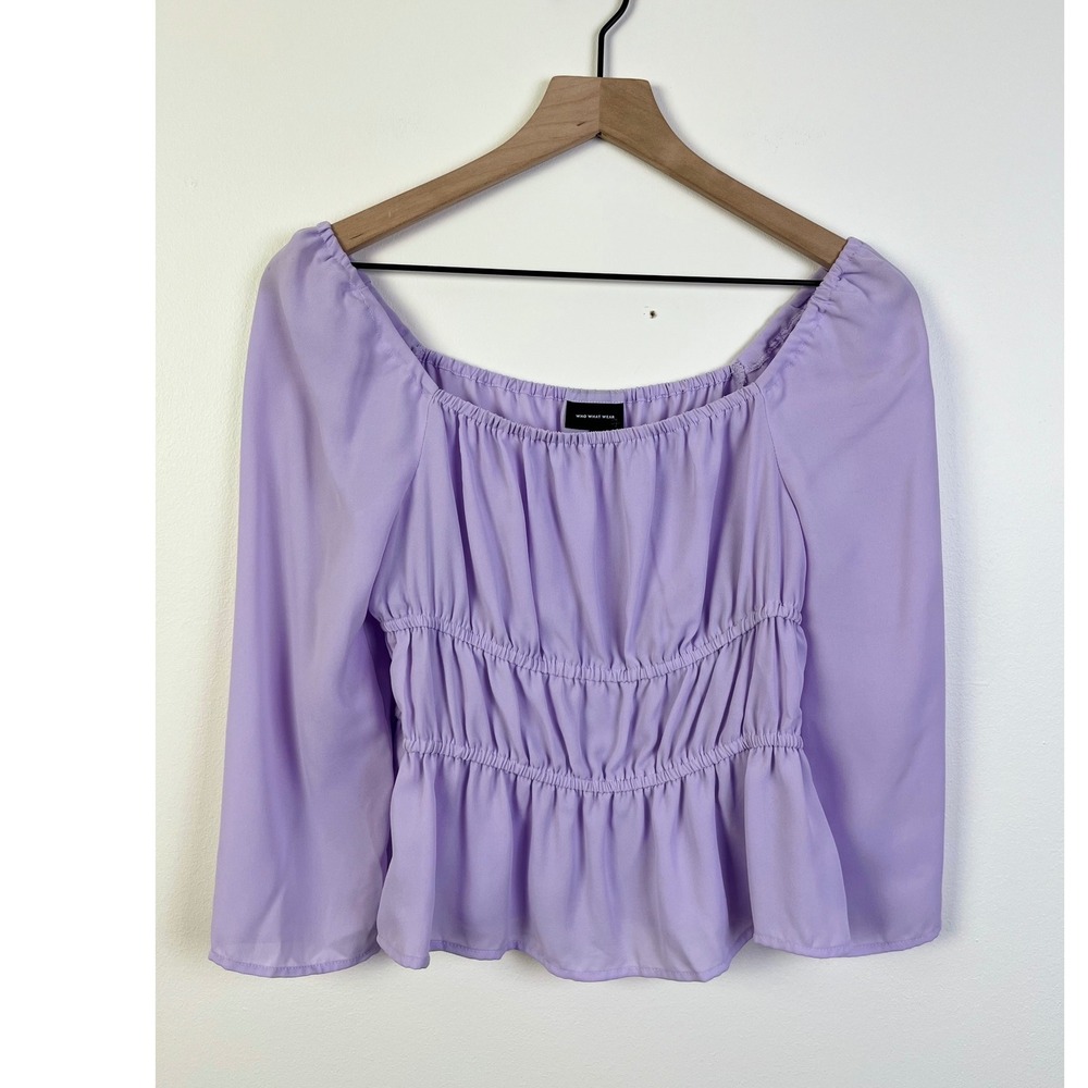 WHO WHAT WEAR Lavender Ruched Square Neck Long Sleeve Peplum Top XS
